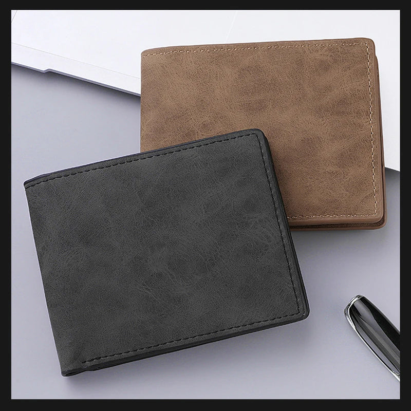 Men's Genuine PU Leather Wallet - Short Vintage Zipper Design with Money Clip, Soft Business Wallet for Students