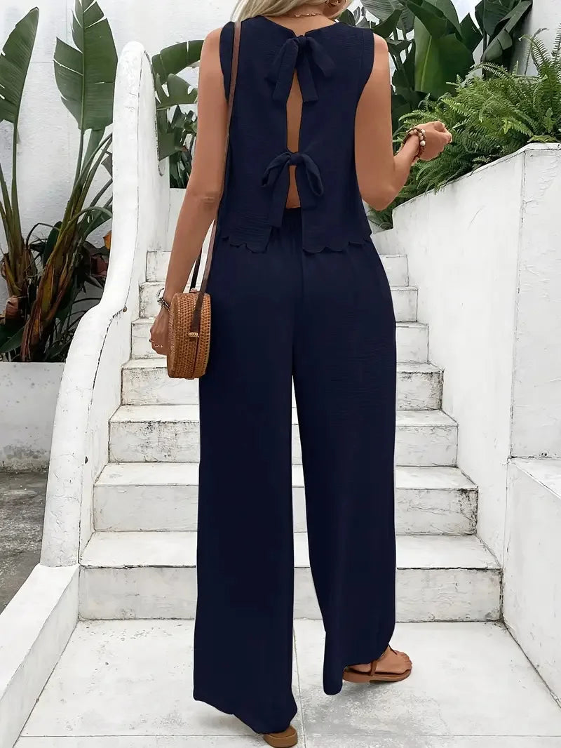 QX  Women's Two-piece Suit 2025 Black Apricot 32973 Elastic Waist Suit Best-selling Sleeveless Tie Fashion Trousers