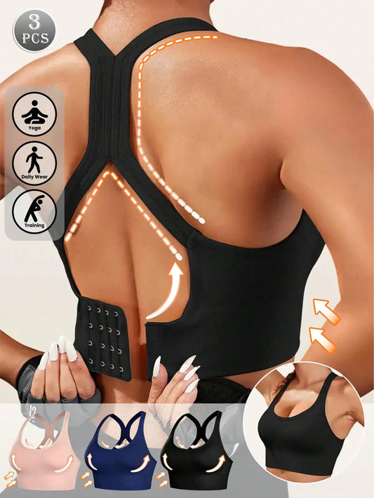 3 PCS Women's black, blue, and pink sports bra with a cross shaped back, comfortable for outdoor use