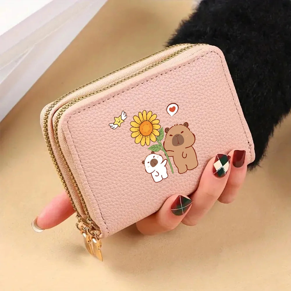 PU Leather Zipper Credit Card Holder, Cartoon Print Fashionable And Compact Women's Coin Purse, Suitable For Women's Daily Use