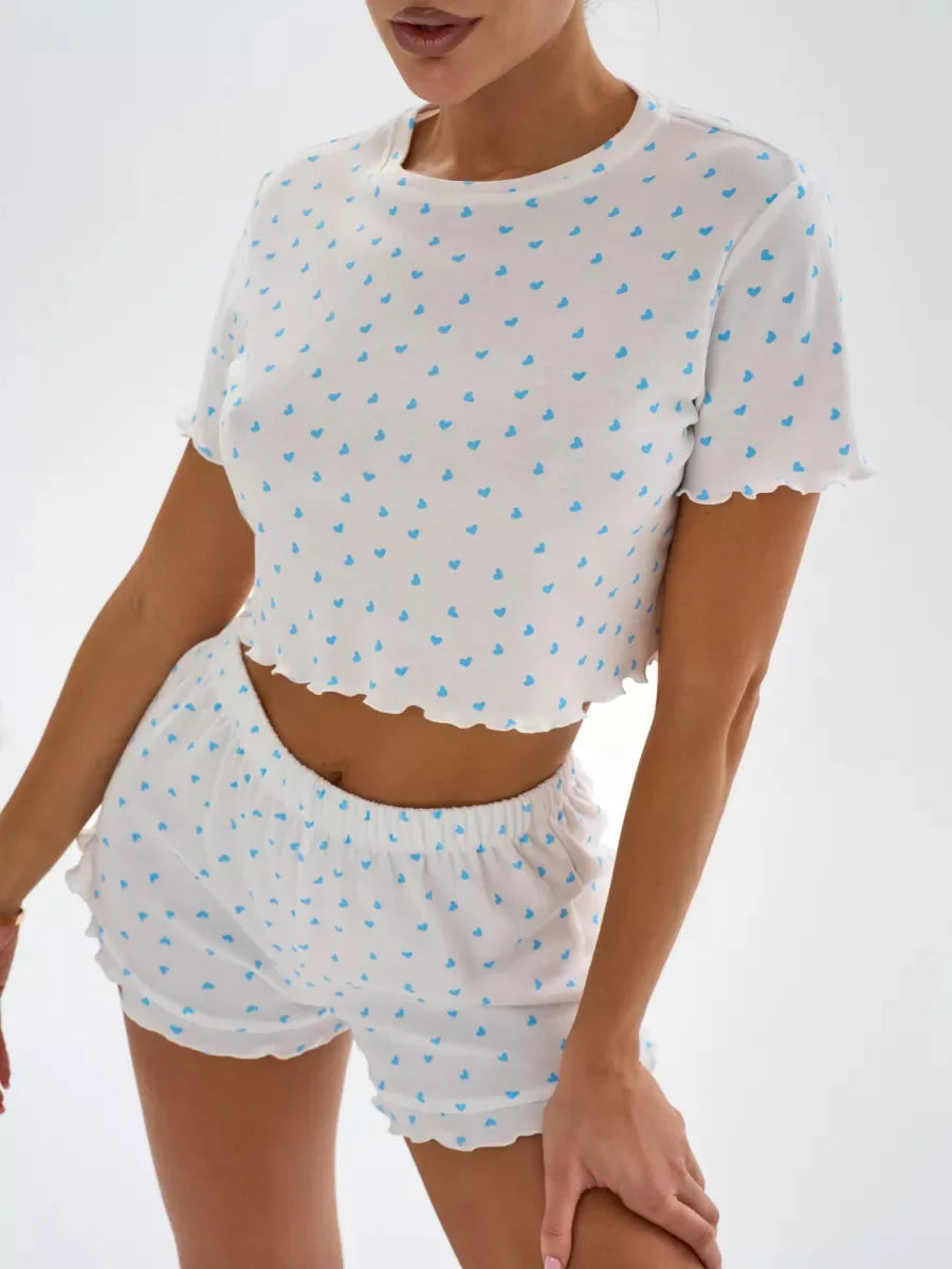 New Summer Women's Pajama Set, Cotton-blend Home Wear With Heart Print, Casual Round Neck Short Sleeve Shorts Two-piece Set