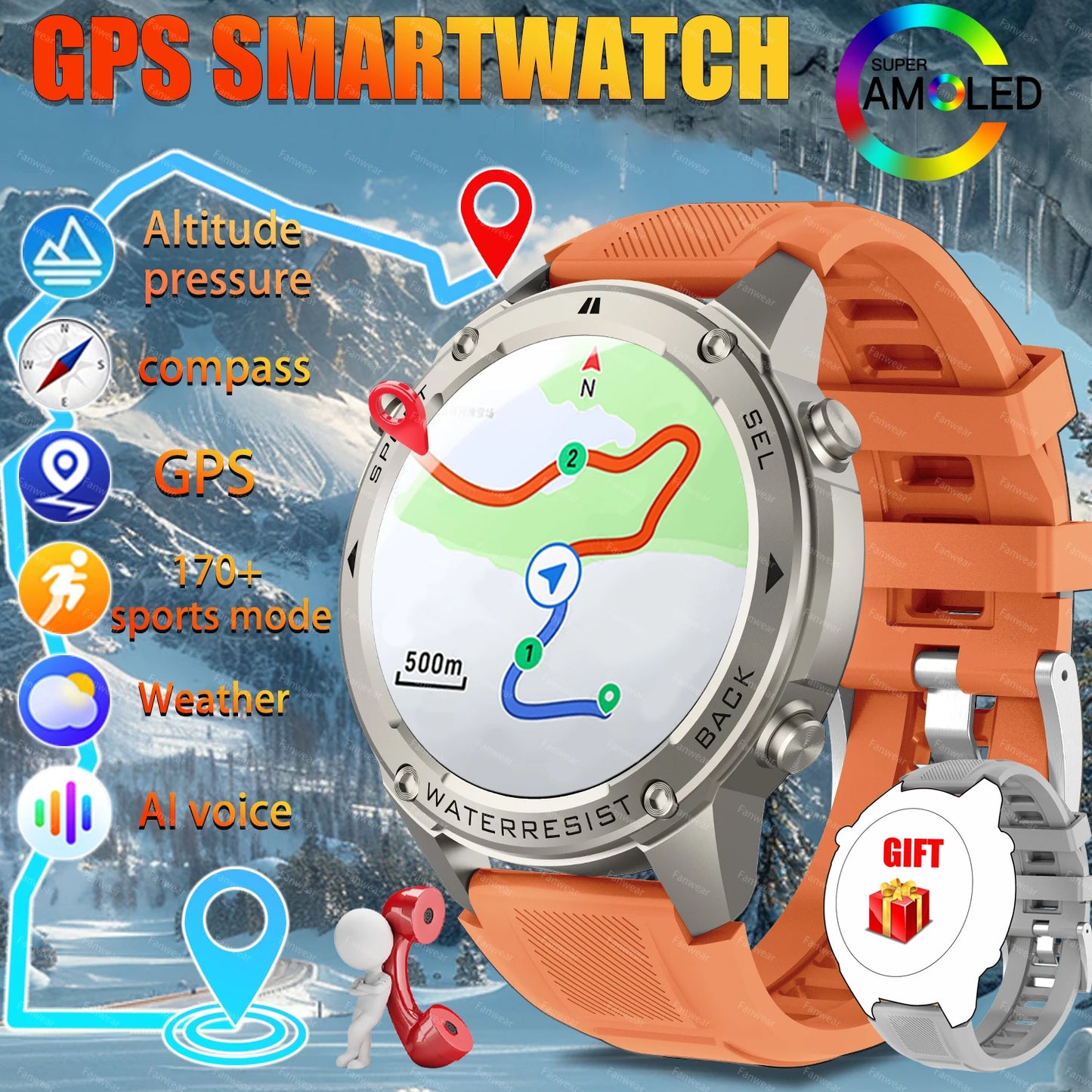 Fanwear T-Rex 3 GPS outdoor sports smart watch, 5ATM swimming smart watch, compass, barometric altitude, Bluetooth call, Valenti