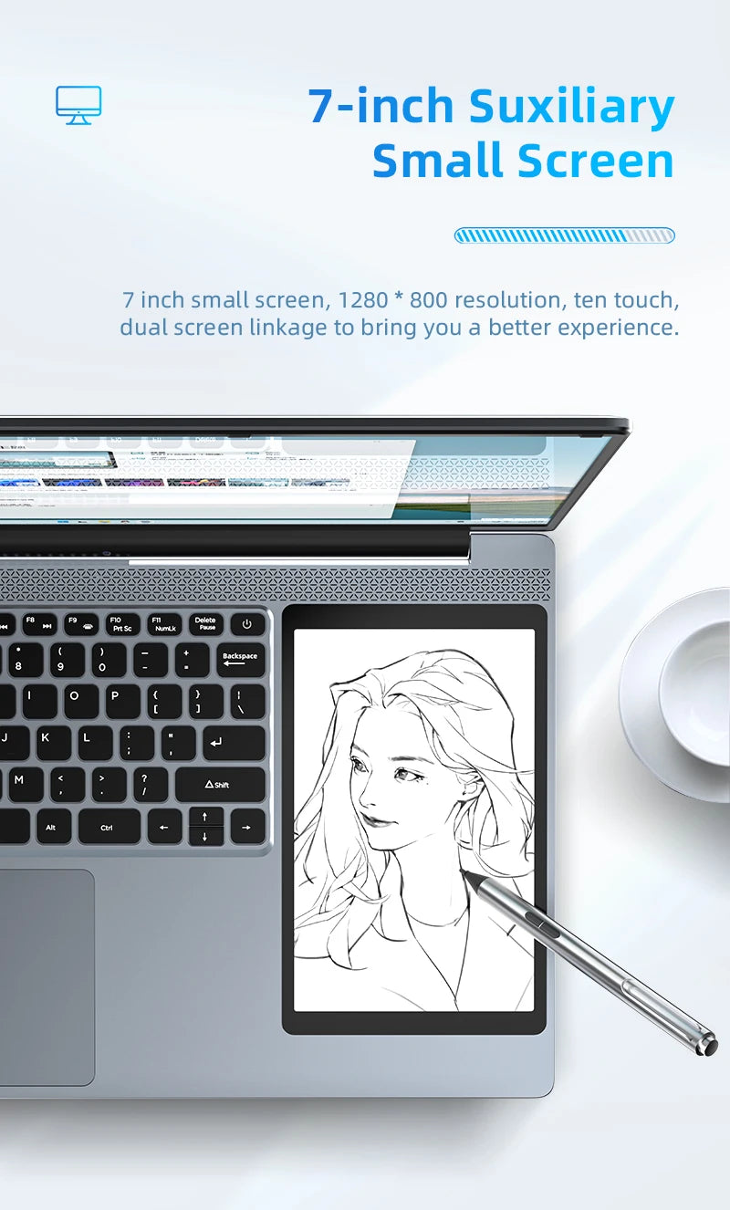 Dual Screen Laptop 32G DDR4 2TB SSD Gaming Laptops 15.6" IPS+7" Touch Screen Intel N100 Processor Windows11 Notebook Computer