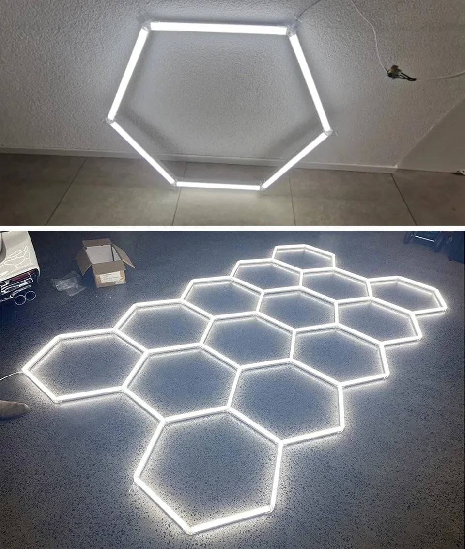 Customizable Shape DIY Hexagon Garage Honeycomb Car Body Lighting Lamp LED Tube PC AC85-265V Accessories Barbershop Workshop