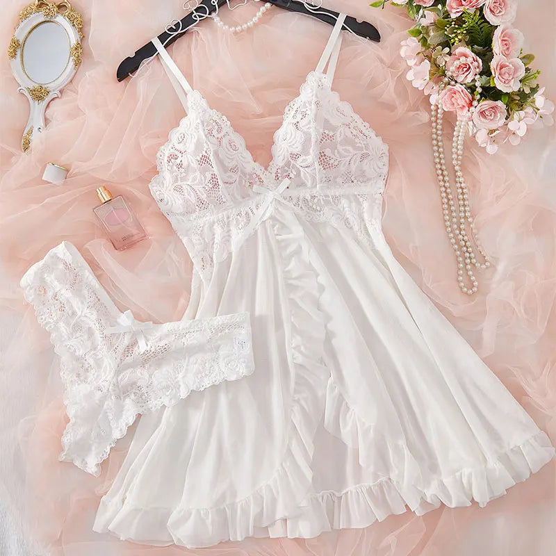 Soft Sheer Nighty Pajamas Hotselling Nightgowns Dark Green Halter Dress Women Sleepwear Sexy Bra Plus Size Nightdress Thong Sets
