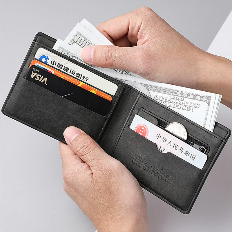 Men's Genuine PU Leather Wallet - Short Vintage Zipper Design with Money Clip, Soft Business Wallet for Students