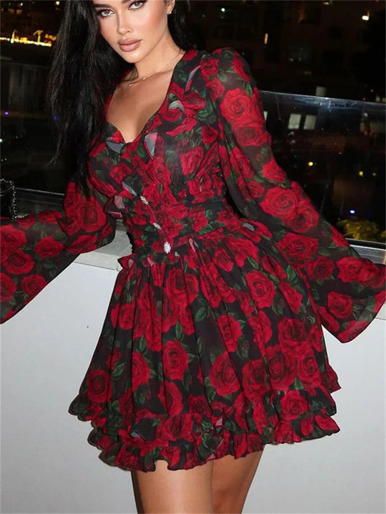 Tossy Printed V-Neck Patchwork Mini Dress Women Ruffled Long Sleeve High Waist Fashion Commute Party Dress Female Contrast Dress