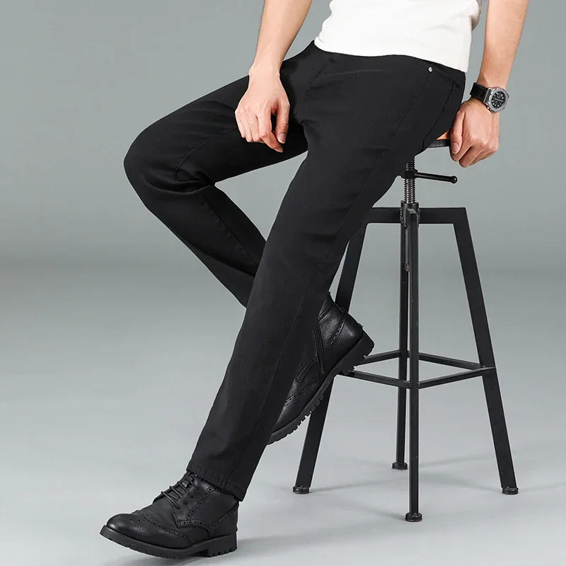Men's Pure Black Slim Jeans Elastic Straight Pants Business Fashion Leisure Korean Vintage Skinny Small Feet Denim Pants Male