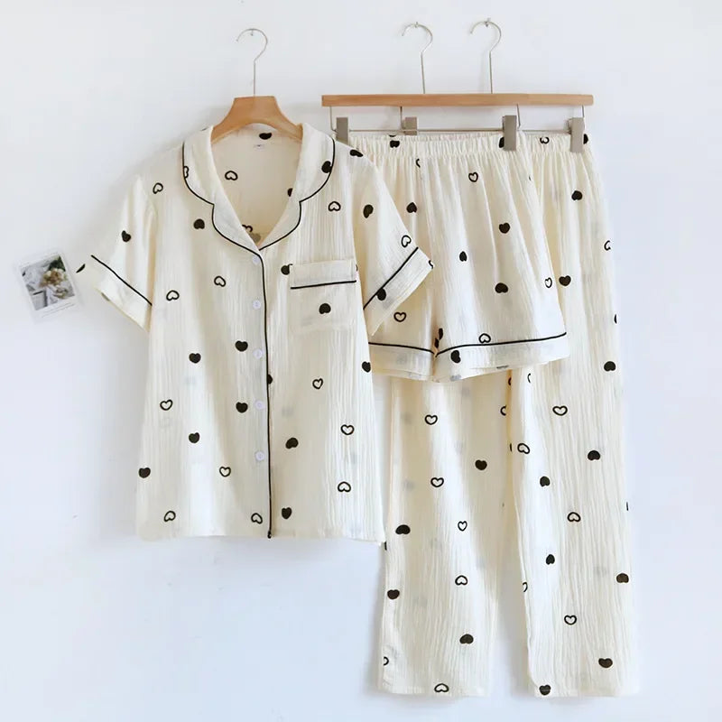Small Love Heart Printed Cotton Pajamas for Women Three Piece Set Spring and Summer Short Sleeved Shorts Homewear Long Pants Set