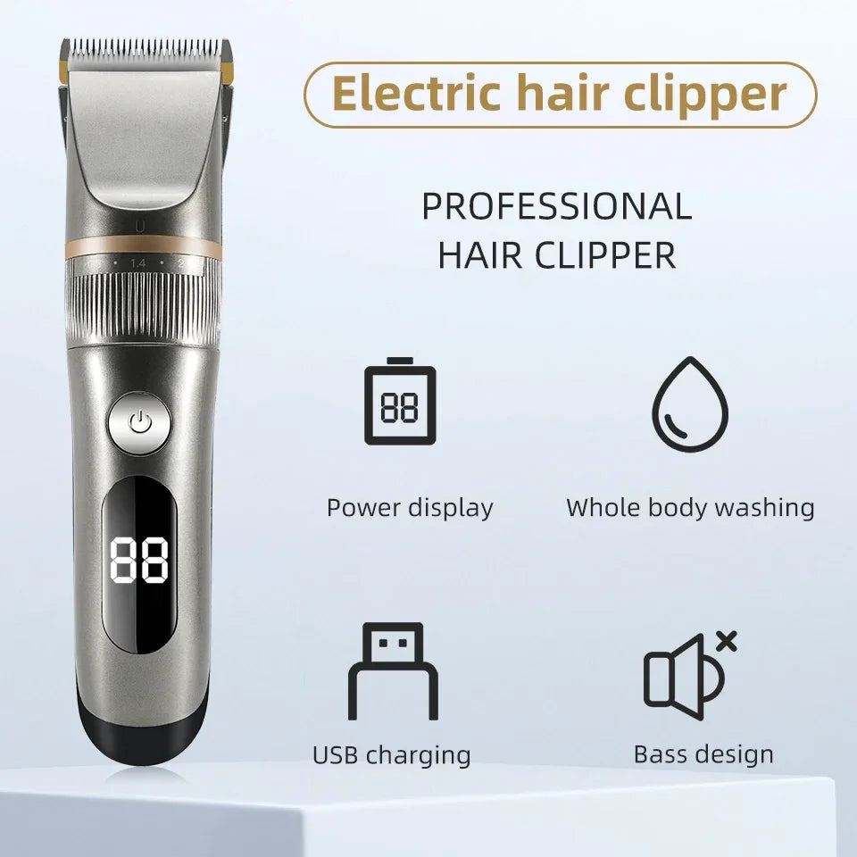 Professional Hair Clipper Electric Men's Trimmer Rechargeable Hair Cutting Machine LCD Display Head Trimmer 2 Gears
