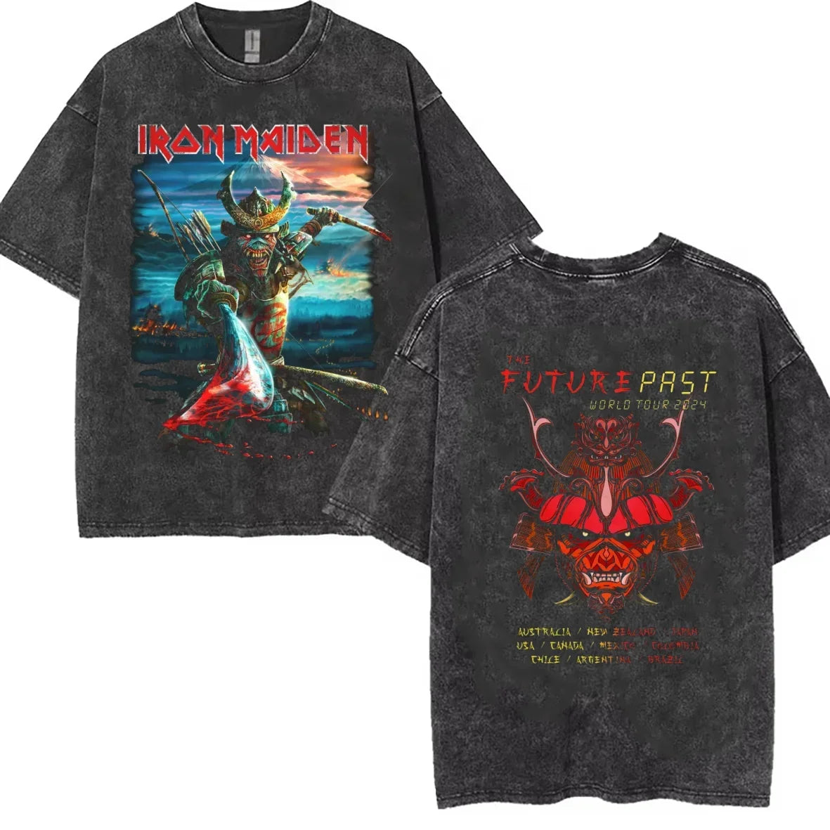 Irons The Future Past 2024 World Tour Maidens Summer Washed T Shirt Retro T-shirt Short Sleeve Vintage Black  Wash Y2k Clothes