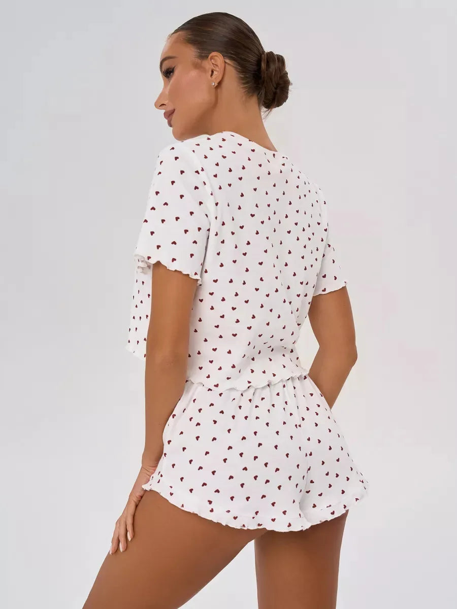 New Summer Women's Pajama Set, Cotton-blend Home Wear With Heart Print, Casual Round Neck Short Sleeve Shorts Two-piece Set