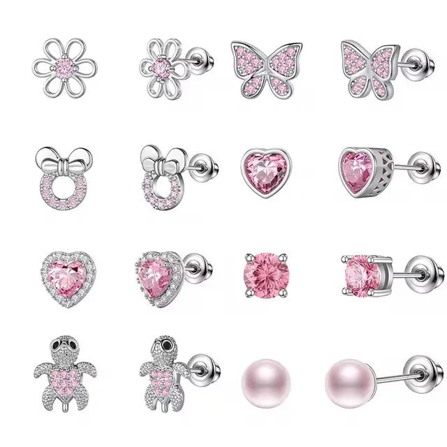 1 or 4 Pair Hypoallergenic Surgical Stainless Steel Earrings for Girls Kids Women Screw Back Earrings Flower Butterfly Toddler
