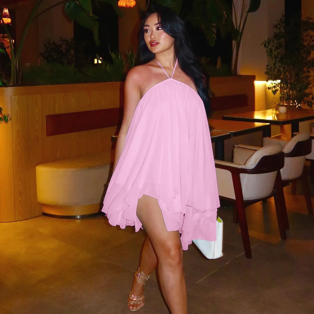 Ladies Summer Chiffon New Fashion Clubwear Dress Women Sleeveless Backless Halter Mini Dresses Birthday Party Streetwear Clothes
