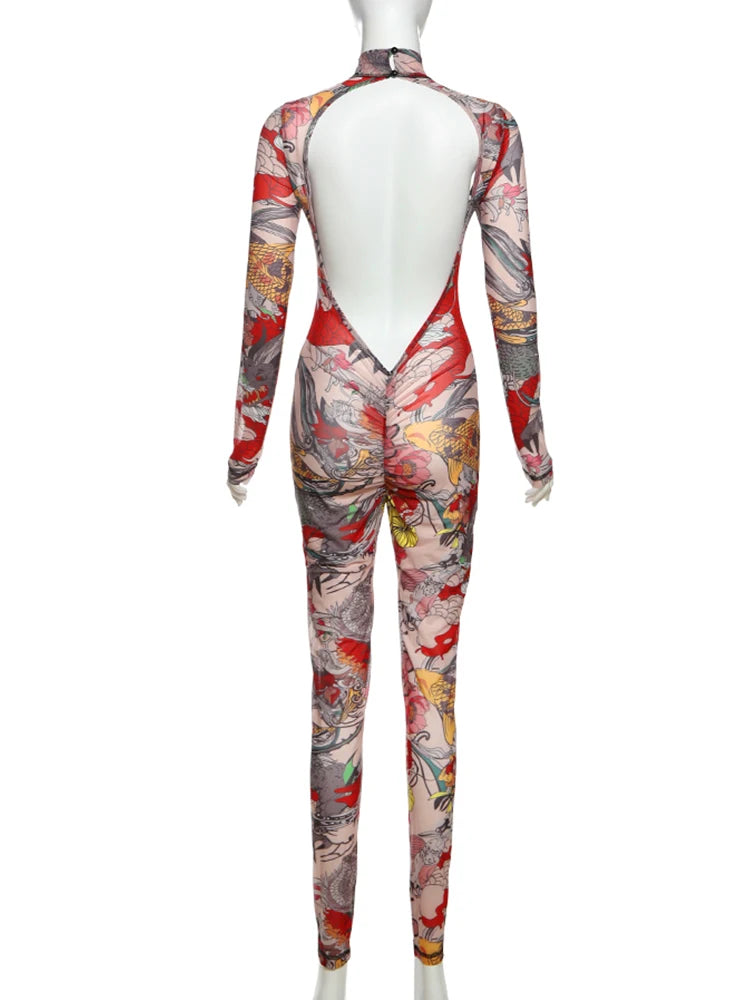 Weird Puss Backless Jumpsuit Women See Through Colorful Print Midnight Party Sexy Full Sleeve Hipster Street Workout Overalls
