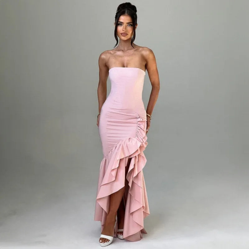 Ladies Summer Ruffle New Fashion Elegant Evening Party Dress Women Sleeveless Backless Tube Bodycon Maxi Dresses Female Clubwear