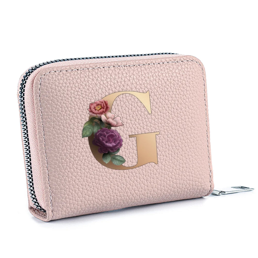 Fashionable Multi Functional 26-Letter Printed Pink Zipper Coin Purse And Credit Card Holder For Women