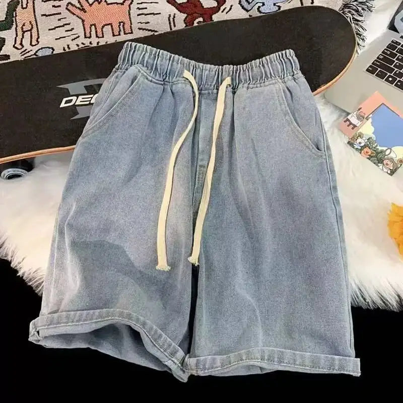 2025 new Fashion Streetwear Men's Denim Shorts Summer Loose Vintage Harajuku Splicing Hip-hop Cargo Moto Short Jeans Black Blue