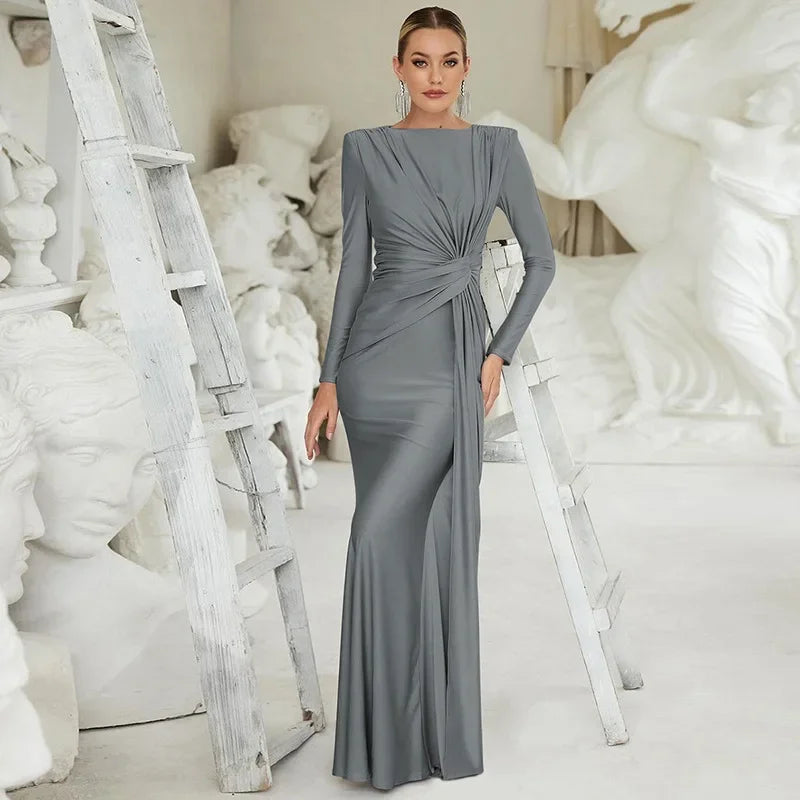Elegant High Waist Pleated Maxi Dress Women's New Solid O Neck Long Sleeve Slim Dress Luxury Party Evening Gown Robe