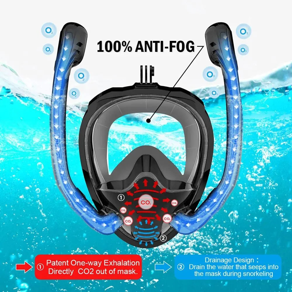 Full Face Snorkel Mask 180°Panoramic View Silicone Dry Top Snorkeling Diving Swimming Goggles With 2 Snorkels Anti-Fog Anti-Lea