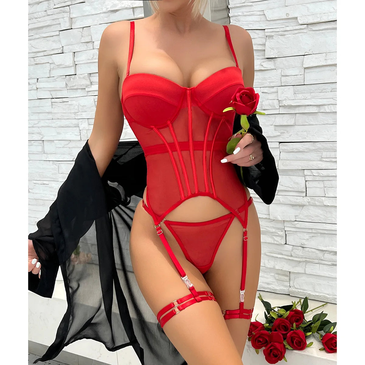 Koltailace Mesh Lingerie Luxury Brand Bodysuit Backless Tops for Women 3 Piece Lingerie Set with Garter Sexydresses for Women