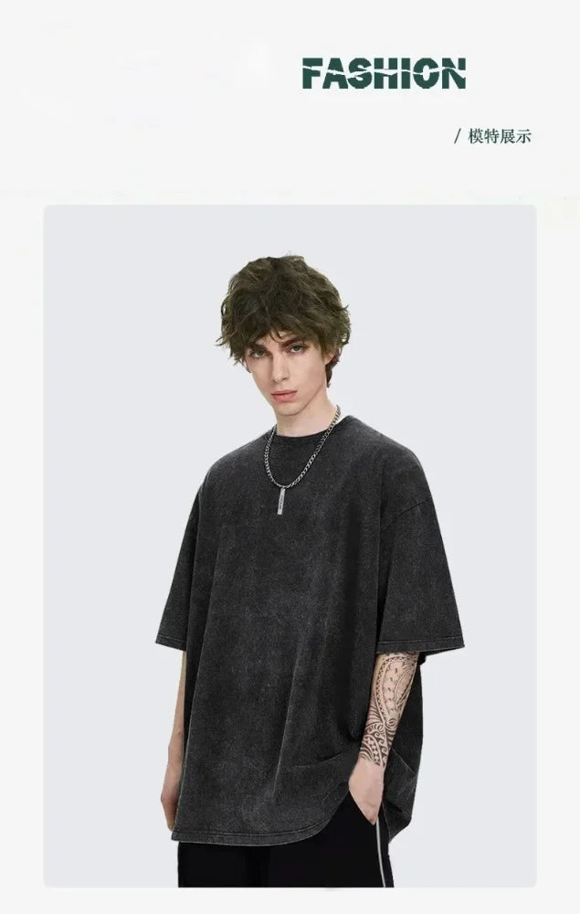2025 retro old heavy cotton solid color Ac Power Up Dc 2025 music short-sleeved summer loose top tide washed T-shirt