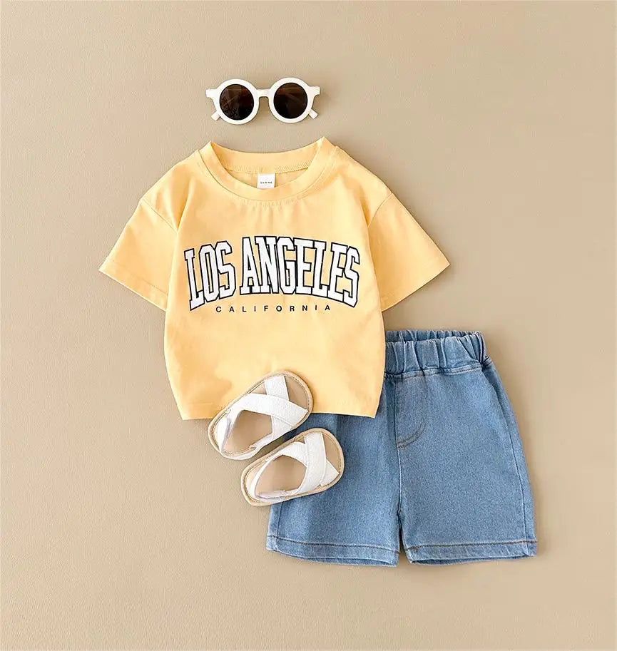 Summer New Baby Clothes Infant Letter Printing Top+Denim shorts Set Baby Boys Girls Casual Baby Set Newborn Baby Clothes 2Pcs