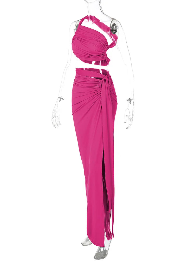 Ladies Summer 2 Pieces Set Women Sleeveless Backless Strap Spit Crop Top Side Slit Slim Long Skirt Evening Party Club Streetwear