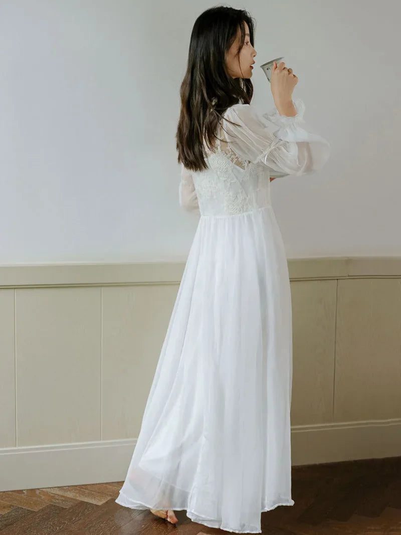 Princess Fairy Night Dress Robe French Morning Gown Lace Mesh Ruffles Vintage Sexy Two-piece Nightgown Female Spring Summer