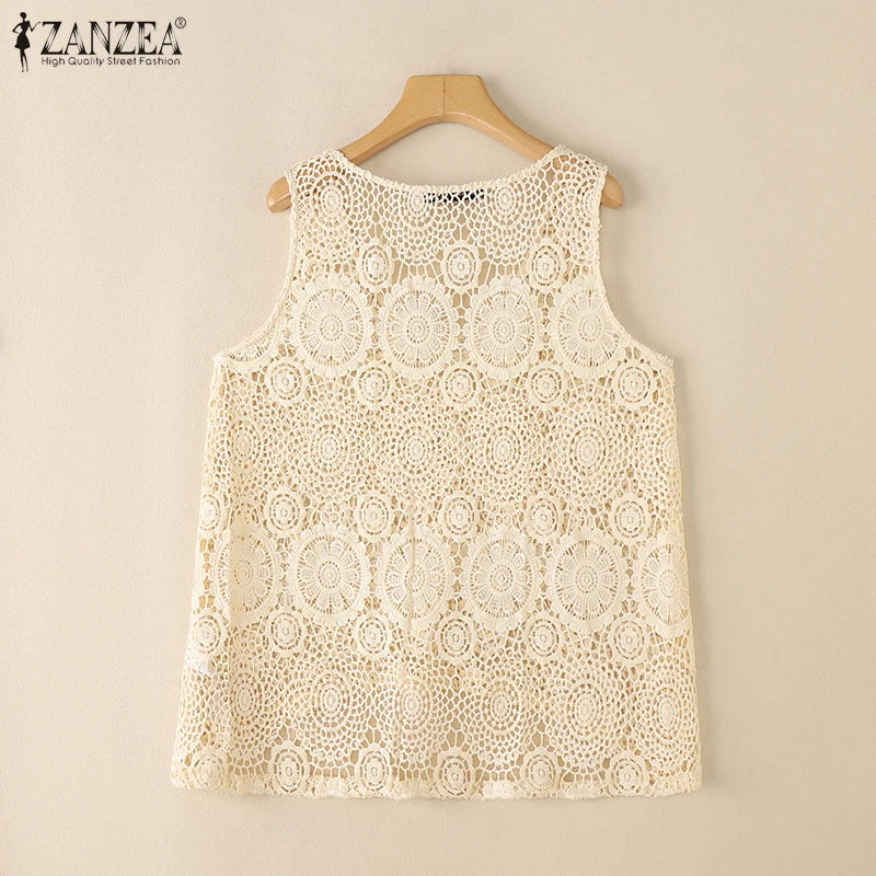 2025 Women Sleeveless Tanks Tops ZANZEA Summer Bohemain Lace Crochet Blouse Casual Loose Camis Fashion Holiday Beach Shirt Mujer