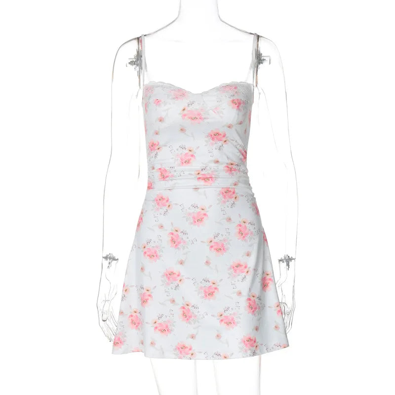 Ladies Summer Floral Print Fashion Beach Vacation Dress Women Sleeveless Backless Bodycon Mini Dresses Clubwear Woman Clothes