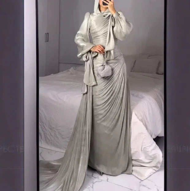 Elegant Solid Color Hooded Sparkling Flowing Sand Dress for Women, Elegant Solid Color Trailing High Waisted Long Sleeved Dress