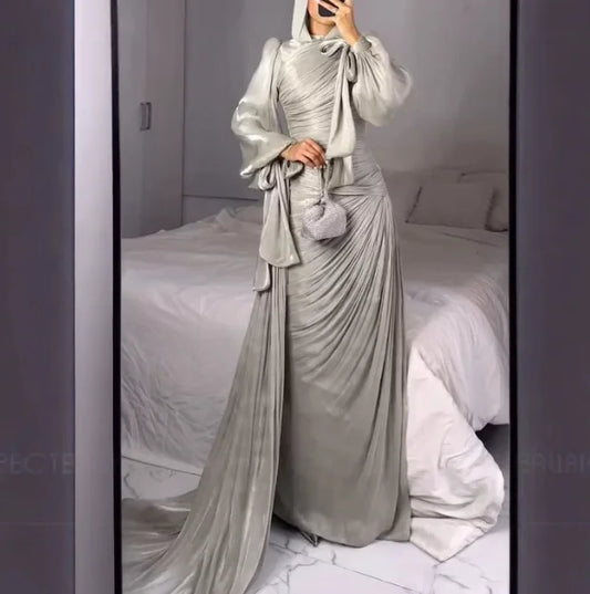 Elegant Solid Color Hooded Sparkling Flowing Sand Dress for Women, Elegant Solid Color Trailing High Waisted Long Sleeved Dress