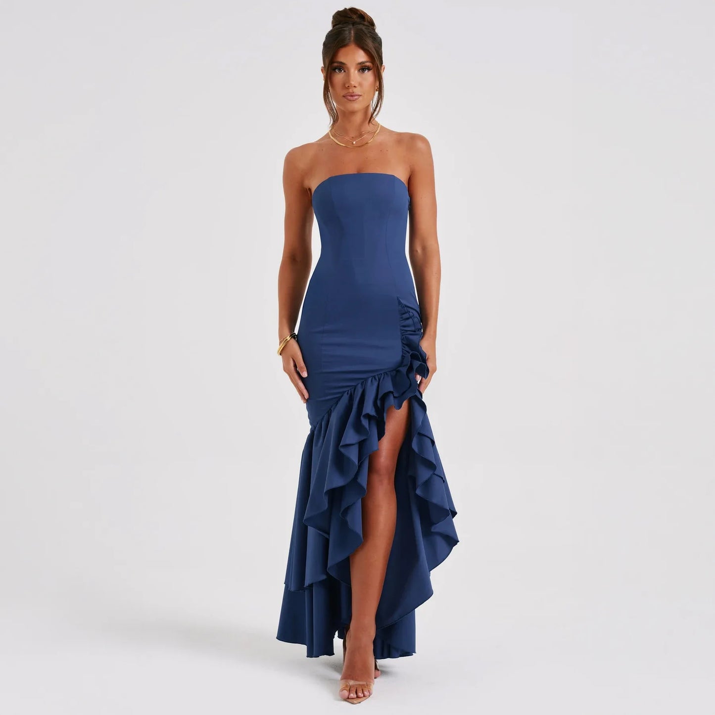 Ladies Summer Ruffle New Fashion Elegant Evening Party Dress Women Sleeveless Backless Tube Bodycon Maxi Dresses Female Clubwear