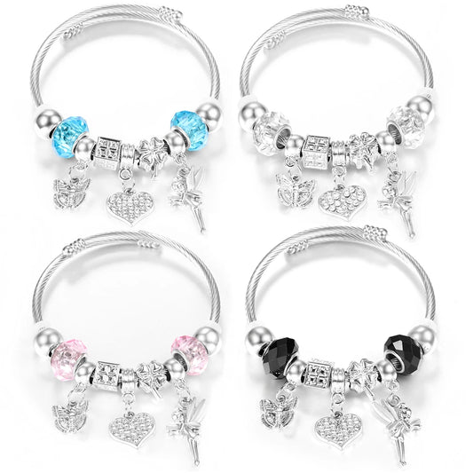 New Rhinestone Heart Shaped Pendant Stainless Steel Beaded Bracelet 4 Colors High Quality Closure Bangles Women Bracelet Jewelry
