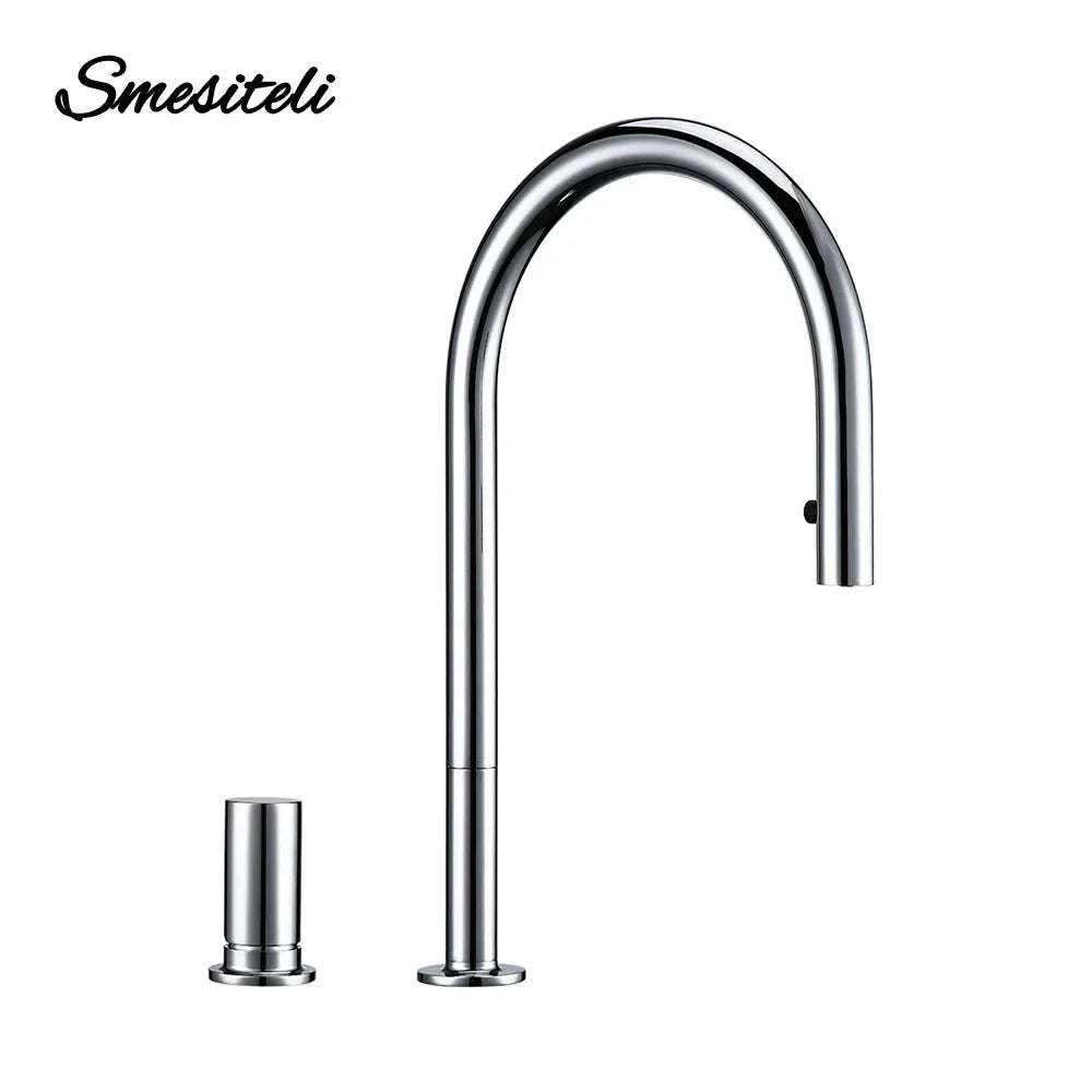 Bathroom Kitchen Basin Faucet Deck Mounted Hot & Cold Water Smesiteli Chrome and Black Single Handle Dual Hole Pull Out