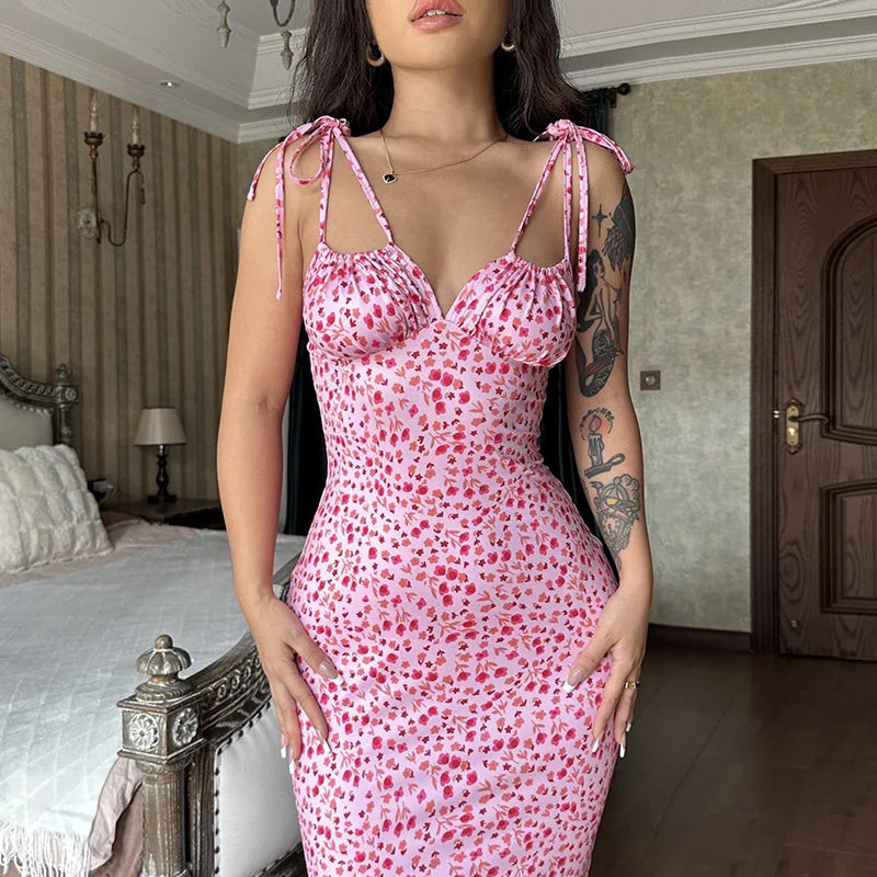 Ladies Summer Floral Print New Fashion Evening Party Dress Sleeveless Backless Sexy Long Dresses Woman Clothes Birthday Clubwear