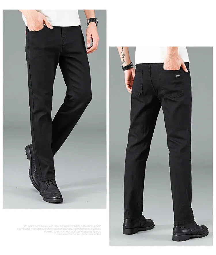 Men's Pure Black Slim Jeans Elastic Straight Pants Business Fashion Leisure Korean Vintage Skinny Small Feet Denim Pants Male