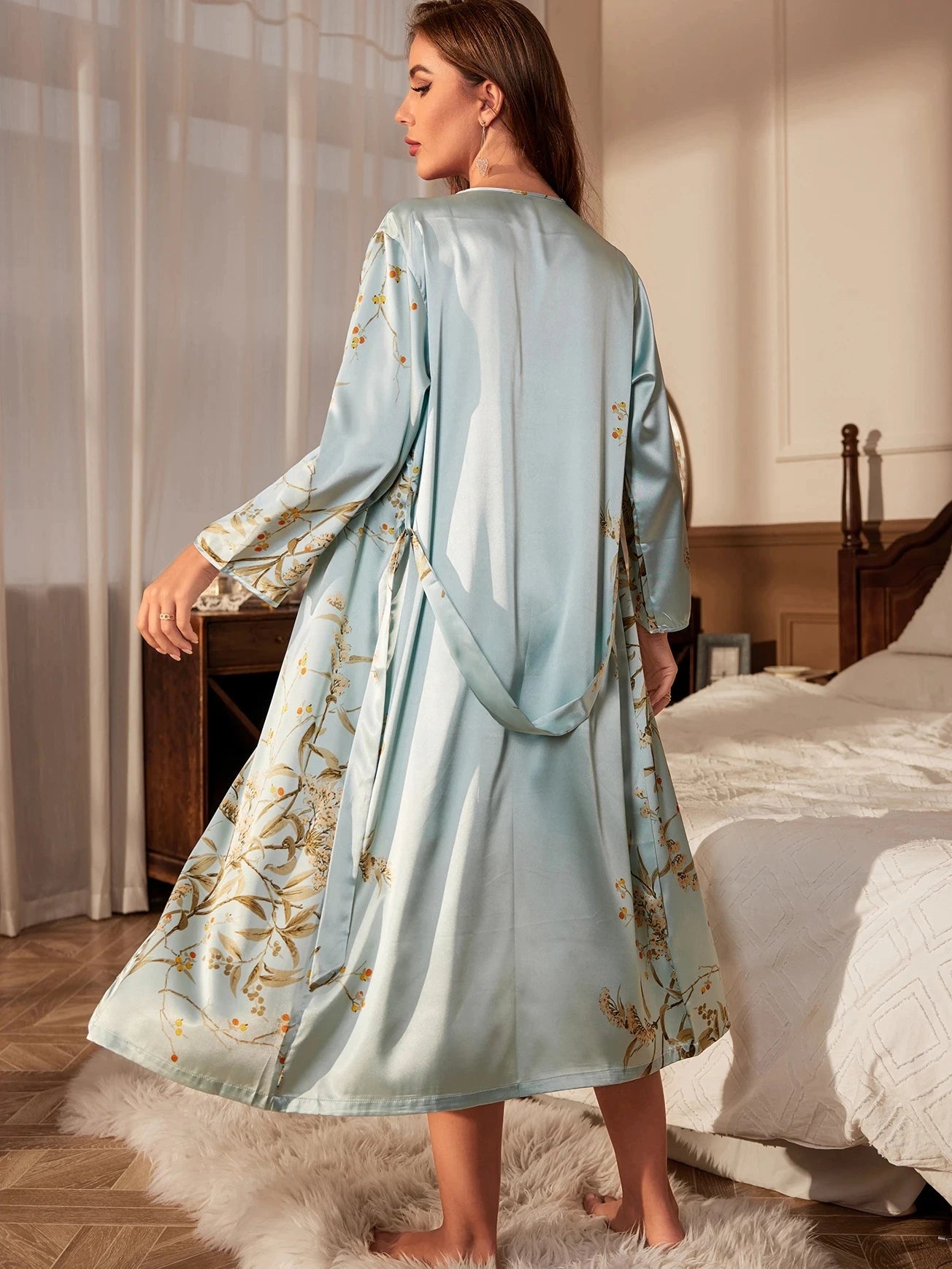 Print Twinset Robe Suit Womens Satin Chemise Nightgown Kimono Bathrobe Gown Set Summer Sexy Loungewear V-Neck Sleepwear