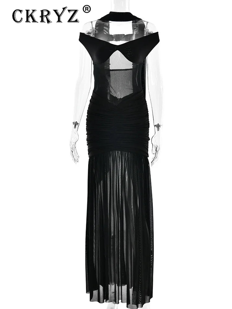 Ladies Summer Elegant Evening Party Dress Women Sleeveless Backless Side Slit Mesh Long Dresses Woman Clothes Birthday Clubwear