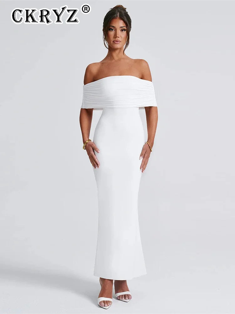 Ladies Summer Off Shoulder Fashion Evening Party Dresses For Women Strapless Backless Ruched Maxi Dress Birthday Clubwear Outfit