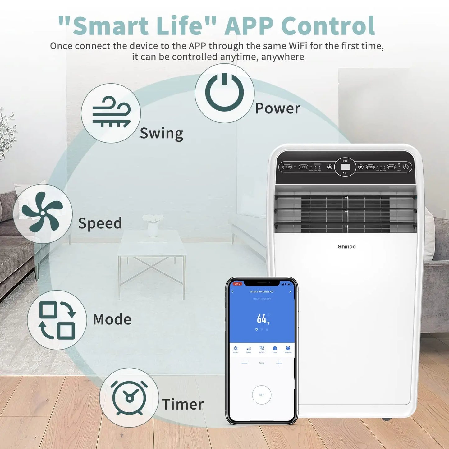 Shinco 12,000 BTU Smart Wi-Fi Portable Air Conditioner, Portable AC Unit with Built-in Cool, Dehumidifier&Fan Modes for Room