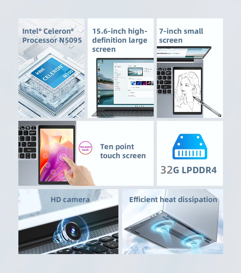 Dual Screen Laptop 32G DDR4 2TB SSD Gaming Laptops 15.6" IPS+7" Touch Screen Intel N100 Processor Windows11 Notebook Computer