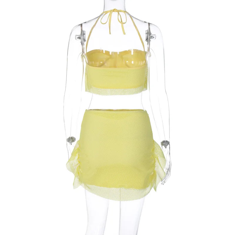Ladies Summer Mesh Patchwork Y2K 2 Pieces Sleeveless Backless Sexy Crop Top And Mini Skirt Set Women New Fashion Party Clubwear