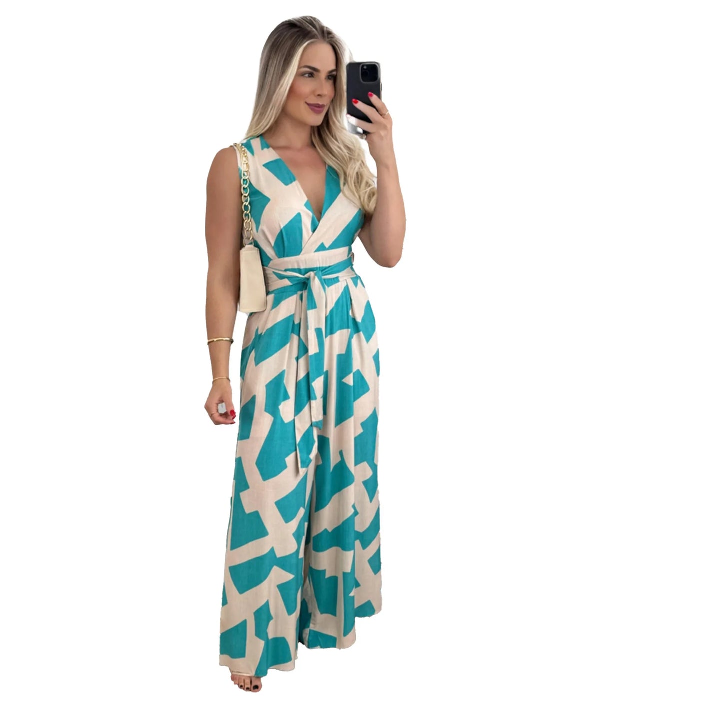 Autumn Women's Fashionable And Casual Jumpsuit Color Matching Deep V-waist Tied Sleeveless Mid Waist Straight Jumpsuit Women