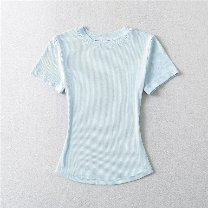 LUNDUNSHIJIA 2024 Summer Sexy Women Basic O-neck Short Sleeve T-shirt Ladies Slim Elasticity Cotton Tee Tops 12 Colors