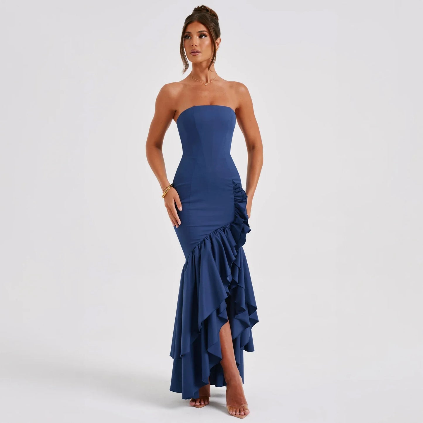 Ladies Summer Ruffle New Fashion Elegant Evening Party Dress Women Sleeveless Backless Tube Bodycon Maxi Dresses Female Clubwear