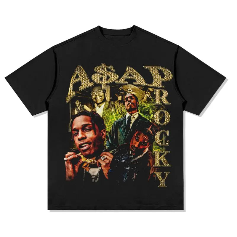 Hip Hop Rap AP Rocky Print Short-sleeved T-shirt Vintage American Retro RAPper Wear Men's and Women's Short-sleeved Tops