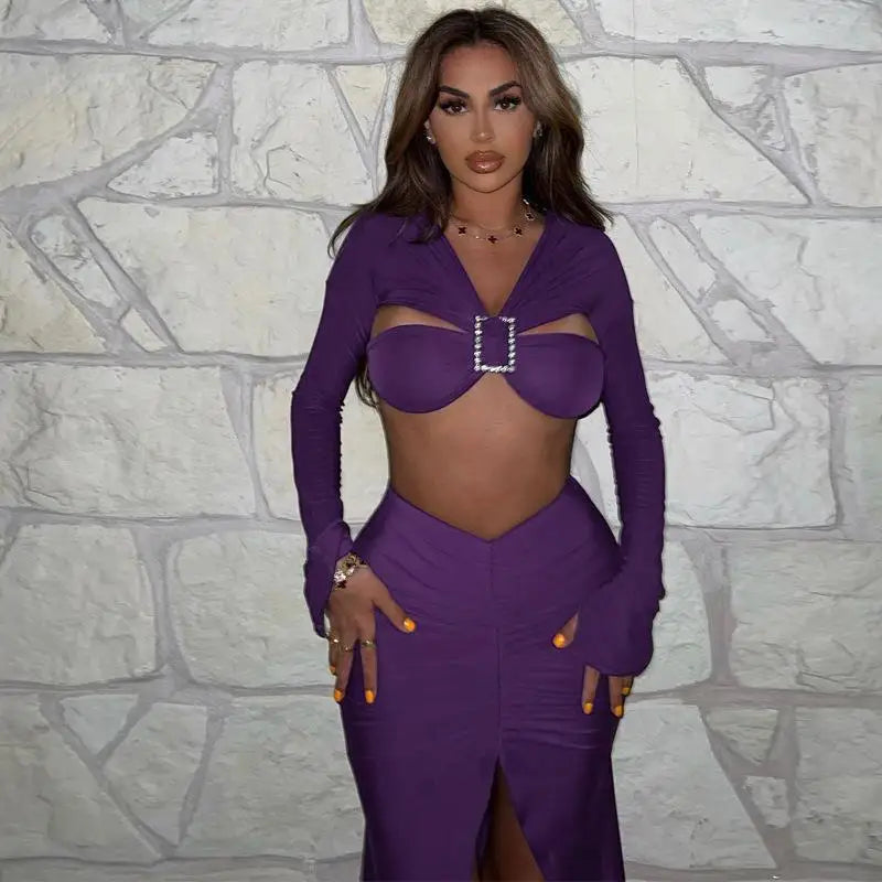 Two Piece Set Long Sleeve Bandage Backless Crop Tops and Skirt Set Women Bodycon Skirts Sexy Split Outfits Beach Casual Dress