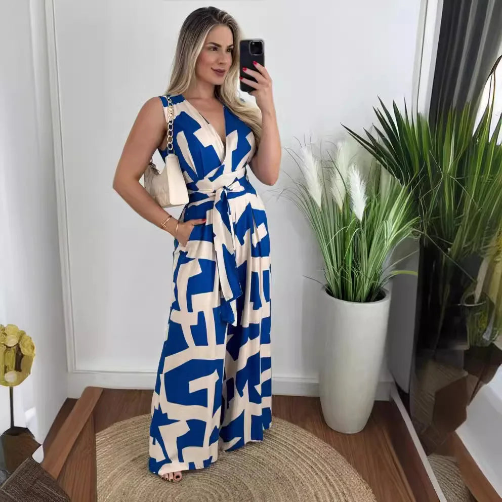 Autumn Women's Fashionable And Casual Jumpsuit Color Matching Deep V-waist Tied Sleeveless Mid Waist Straight Jumpsuit Women